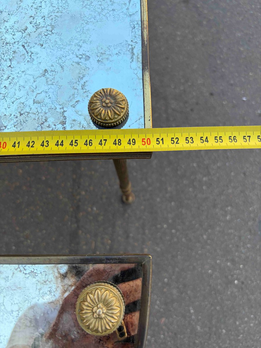1970s Tripartite Bronze Table, Tops In Aged Oxidized Mirror, Maison Baguès Style-photo-6