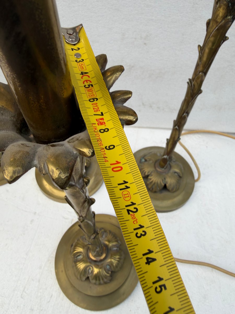 1970′ Série De 6 Lampes En Bronze Maison Bagués Decor Palmier H 65 Ø 18 cm-photo-1