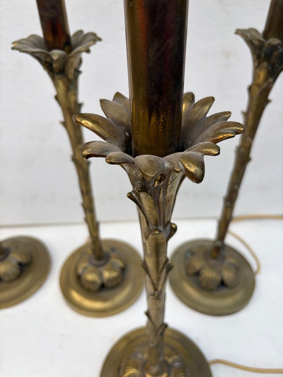 1970′ Série De 6 Lampes En Bronze Maison Bagués Decor Palmier H 65 Ø 18 cm-photo-3