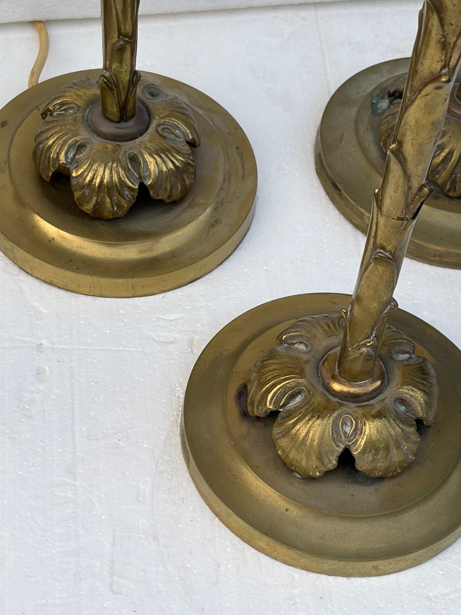 1970′ Série De 6 Lampes En Bronze Maison Bagués Decor Palmier H 65 Ø 18 cm-photo-5