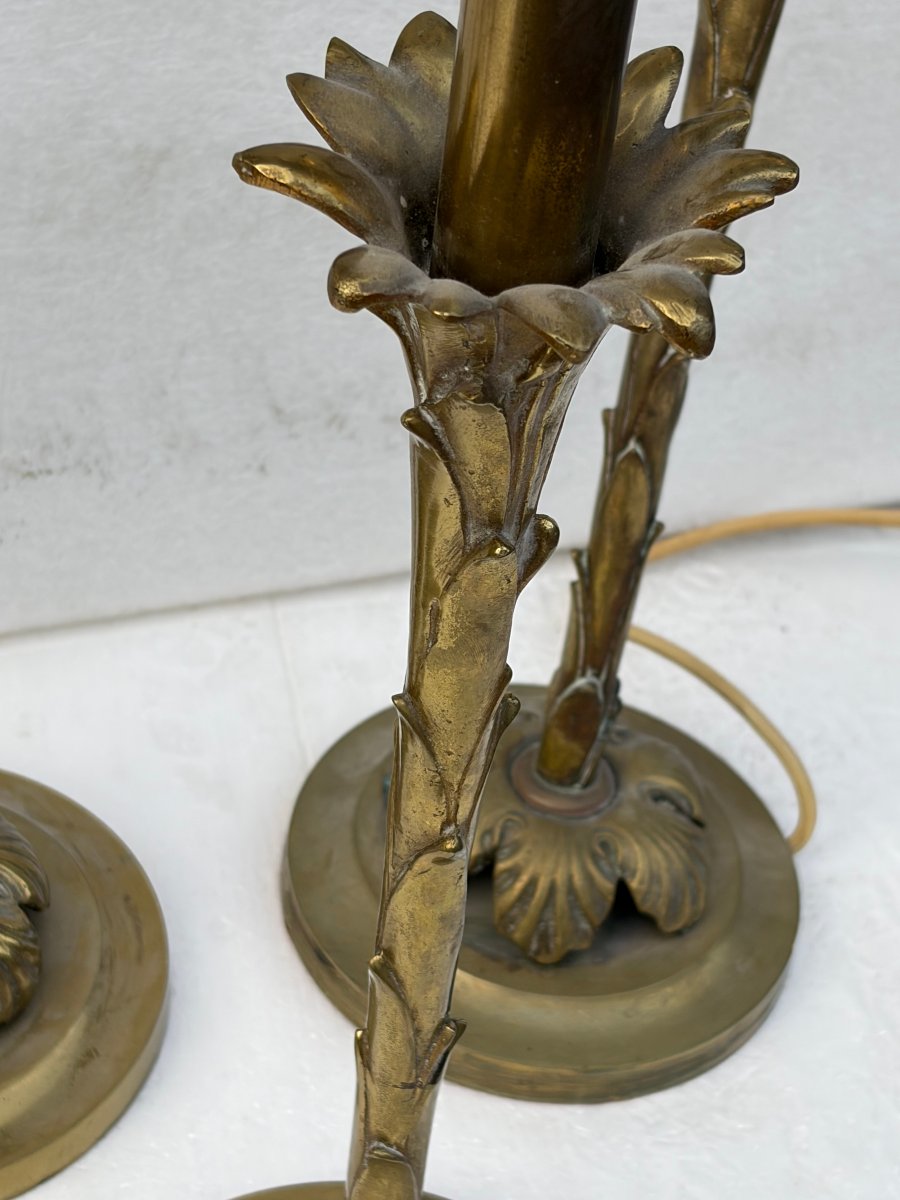 1970′ Série De 6 Lampes En Bronze Maison Bagués Decor Palmier H 65 Ø 18 cm-photo-6