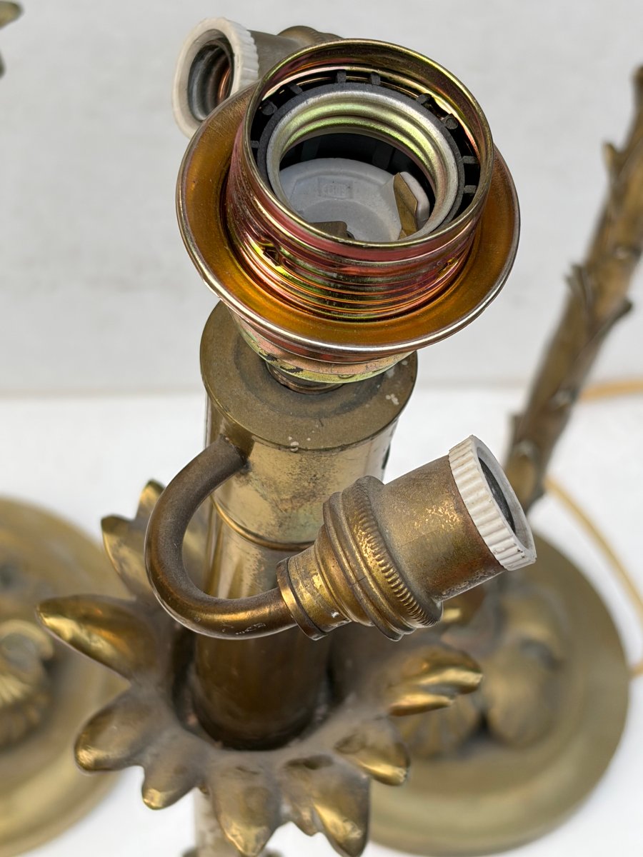1970′ Série De 6 Lampes En Bronze Maison Bagués Decor Palmier H 65 Ø 18 cm-photo-7
