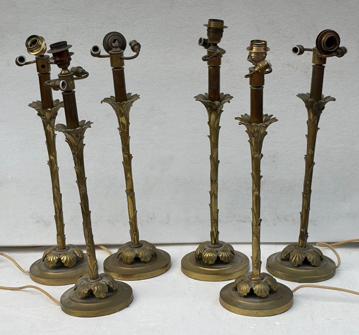 1970′ Série De 6 Lampes En Bronze Maison Bagués Decor Palmier H 65 Ø 18 cm