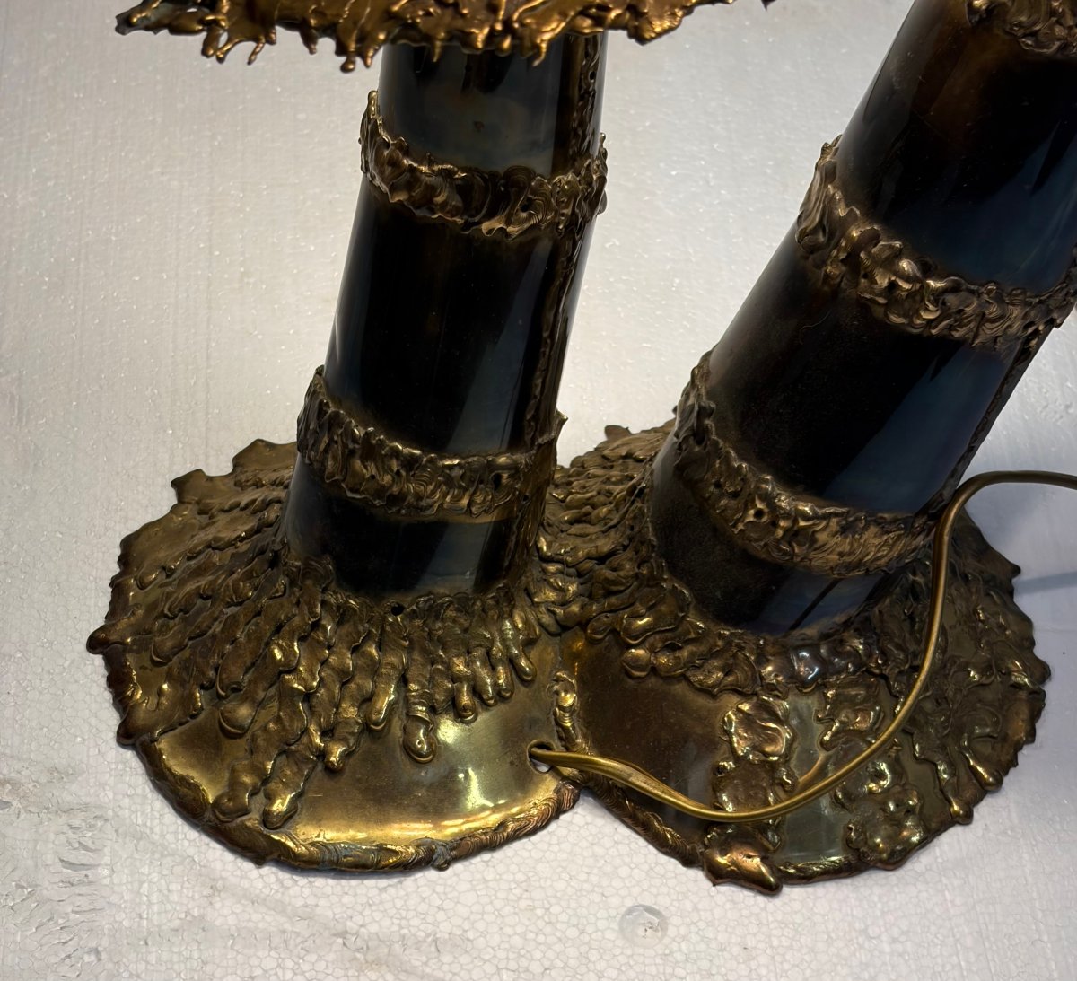 1970′ Lampe Champignon Laiton Maison Jansen 2 Têtes Style Brutaliste ,Duval Brasseur Ou I.Faure-photo-2