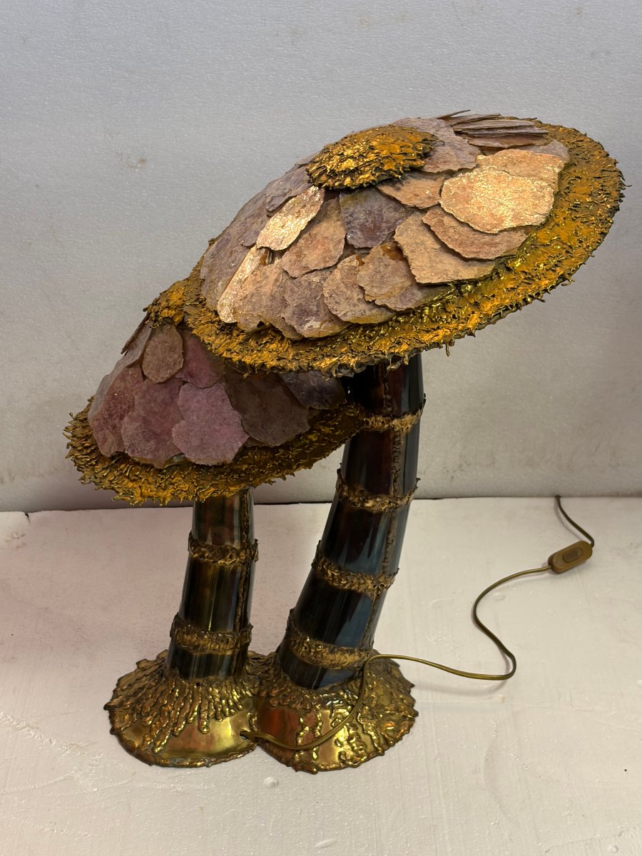 1970′ Lampe Champignon Laiton Maison Jansen 2 Têtes Style Brutaliste ,Duval Brasseur Ou I.Faure-photo-3