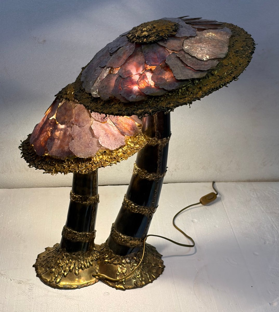 1970′ Lampe Champignon Laiton Maison Jansen 2 Têtes Style Brutaliste ,Duval Brasseur Ou I.Faure