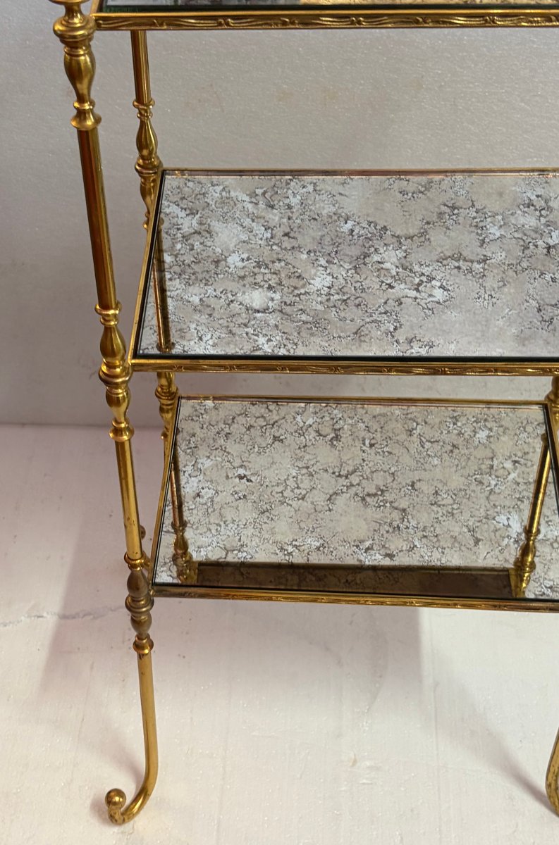 1970′ Étagère en Bronze 3 Niveaux Maison Baguès Plateaux Miroirs Oxydés Vieillis 36 X 25 X H 75-photo-4