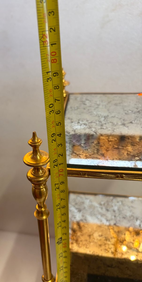 1970′ Étagère en Bronze 3 Niveaux Maison Baguès Plateaux Miroirs Oxydés Vieillis 36 X 25 X H 75-photo-7