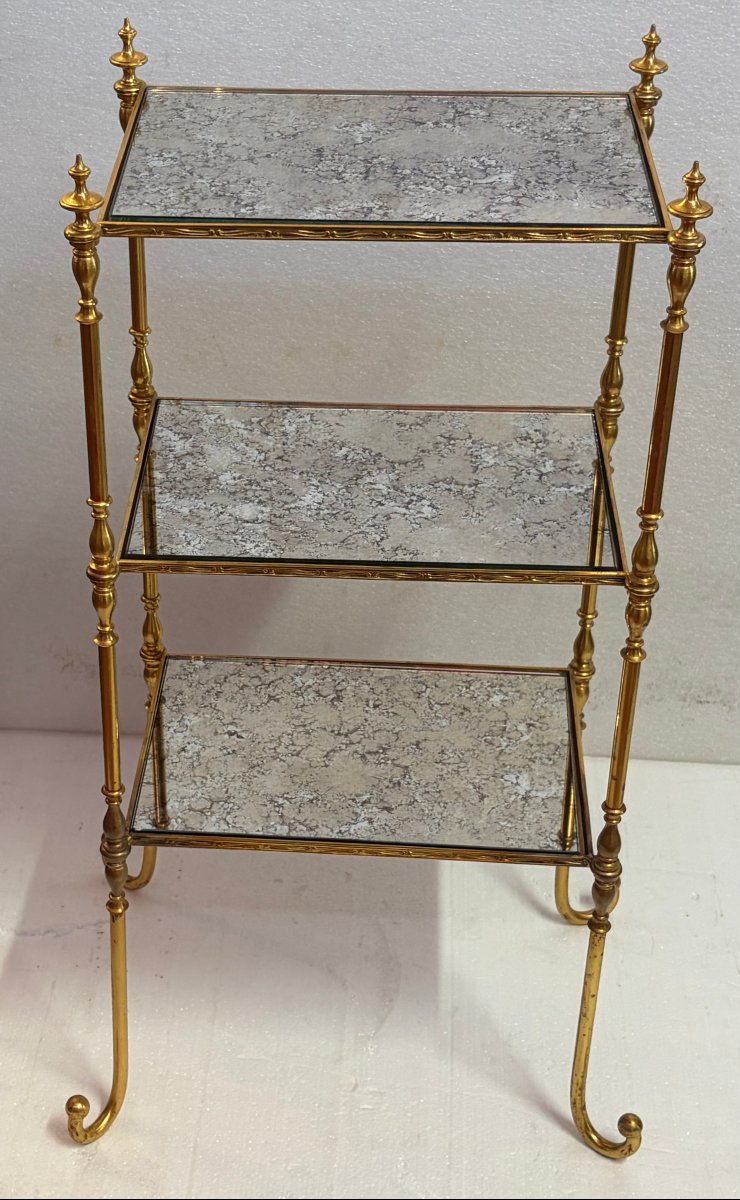 1970′ Étagère en Bronze 3 Niveaux Maison Baguès Plateaux Miroirs Oxydés Vieillis 36 X 25 X H 75