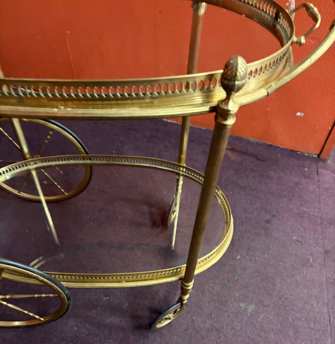 1970′ Bar Roulant en Bronze et Laiton Doré Maison Baguès Plateaux Ovales-photo-4