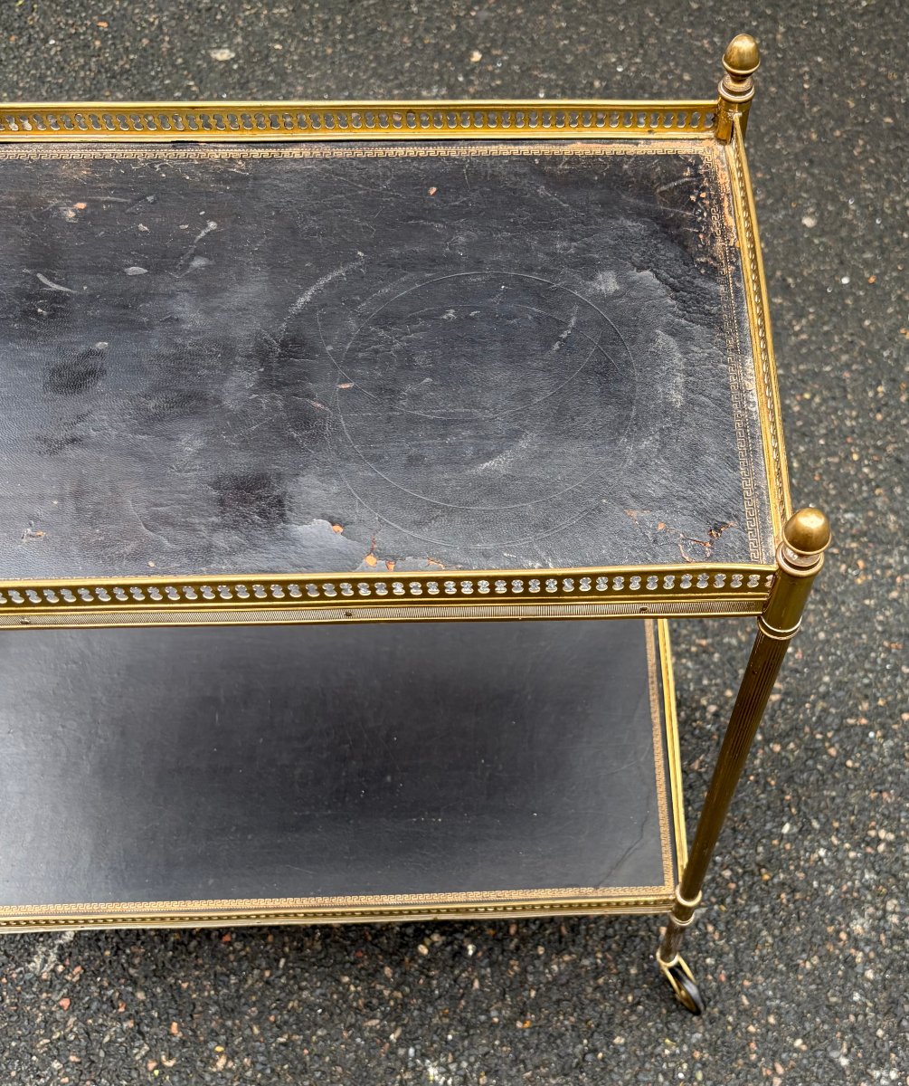 1970s Bronze Rolling Shelving Unit With Gallery By Maison Bagués And 2 Trays Lined With Black Leather -photo-2