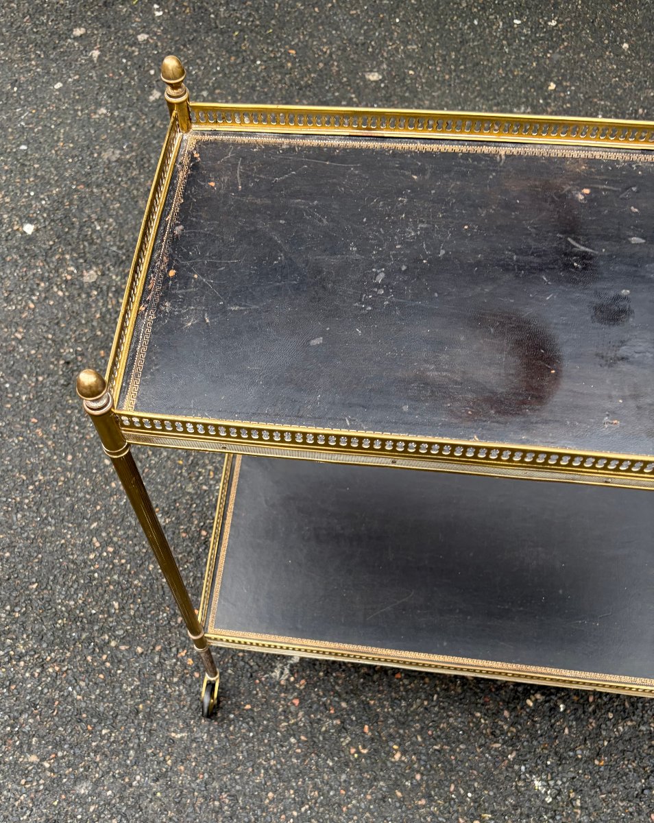 1970s Bronze Rolling Shelving Unit With Gallery By Maison Bagués And 2 Trays Lined With Black Leather -photo-3