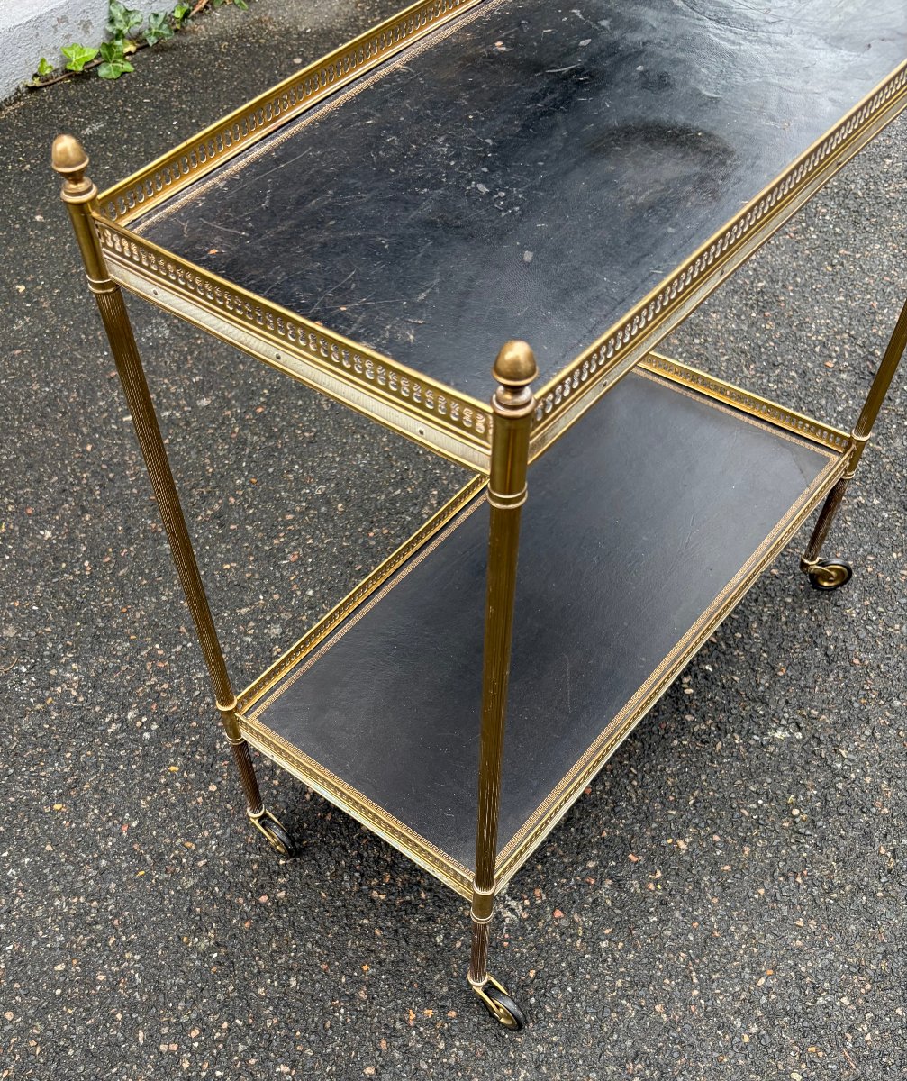 1970s Bronze Rolling Shelving Unit With Gallery By Maison Bagués And 2 Trays Lined With Black Leather -photo-4
