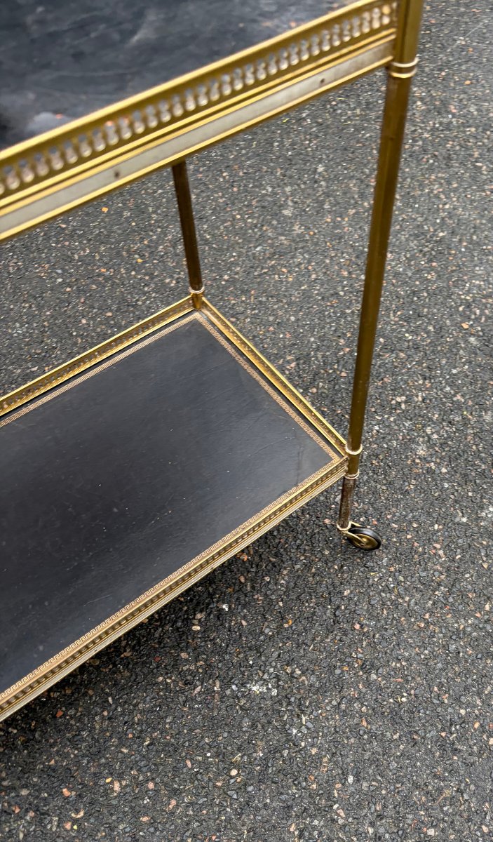 1970s Bronze Rolling Shelving Unit With Gallery By Maison Bagués And 2 Trays Lined With Black Leather -photo-1