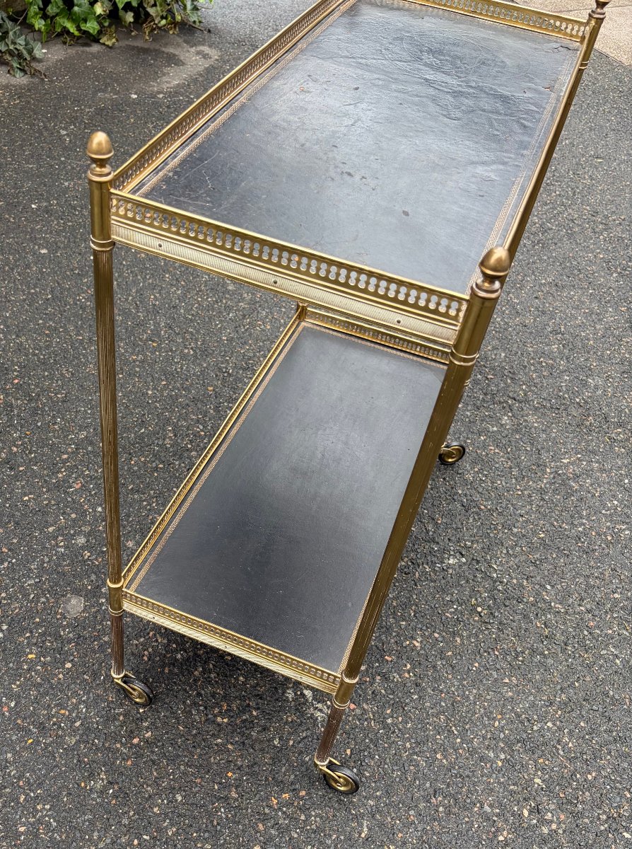 1970s Bronze Rolling Shelving Unit With Gallery By Maison Bagués And 2 Trays Lined With Black Leather -photo-3