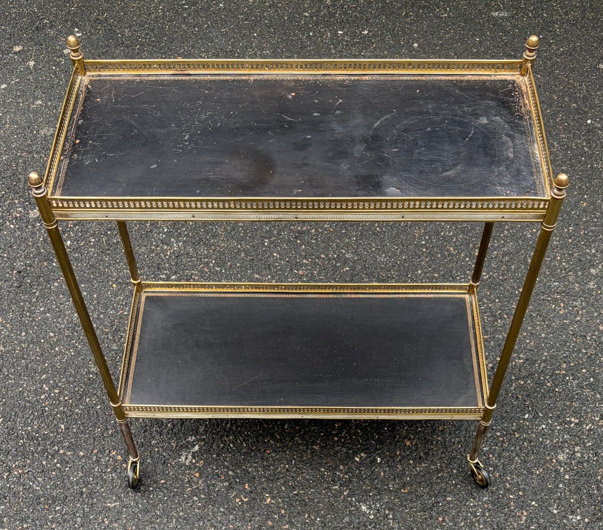1970s Bronze Rolling Shelving Unit With Gallery By Maison Bagués And 2 Trays Lined With Black Leather 