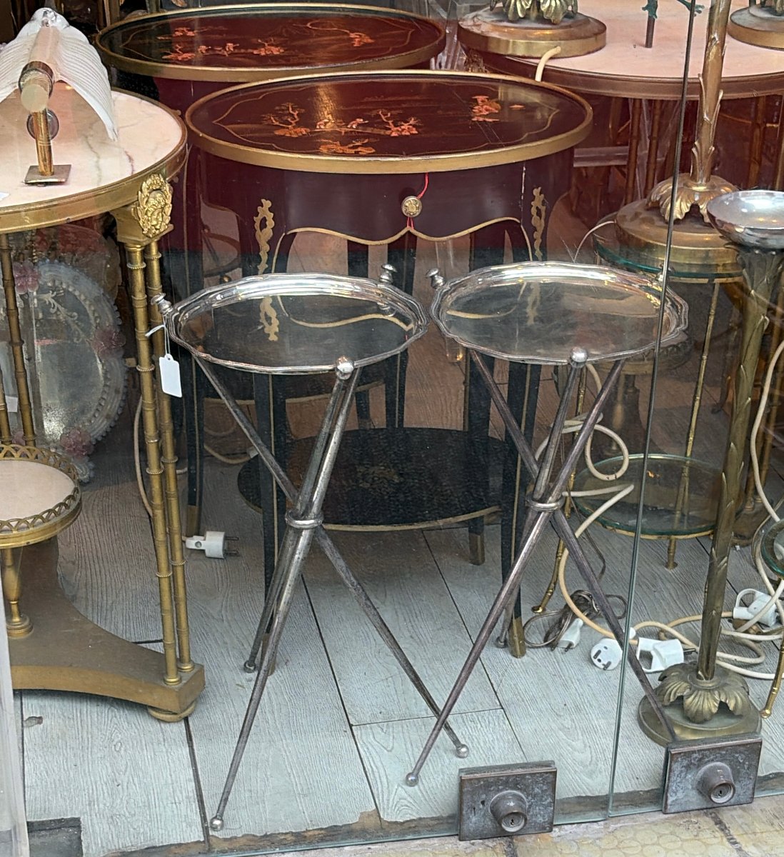1950′ Paire De Guéridons De Voyage Tripode Bronze Argenté Maison Jansen ø 26 cm H 55 cm-photo-2