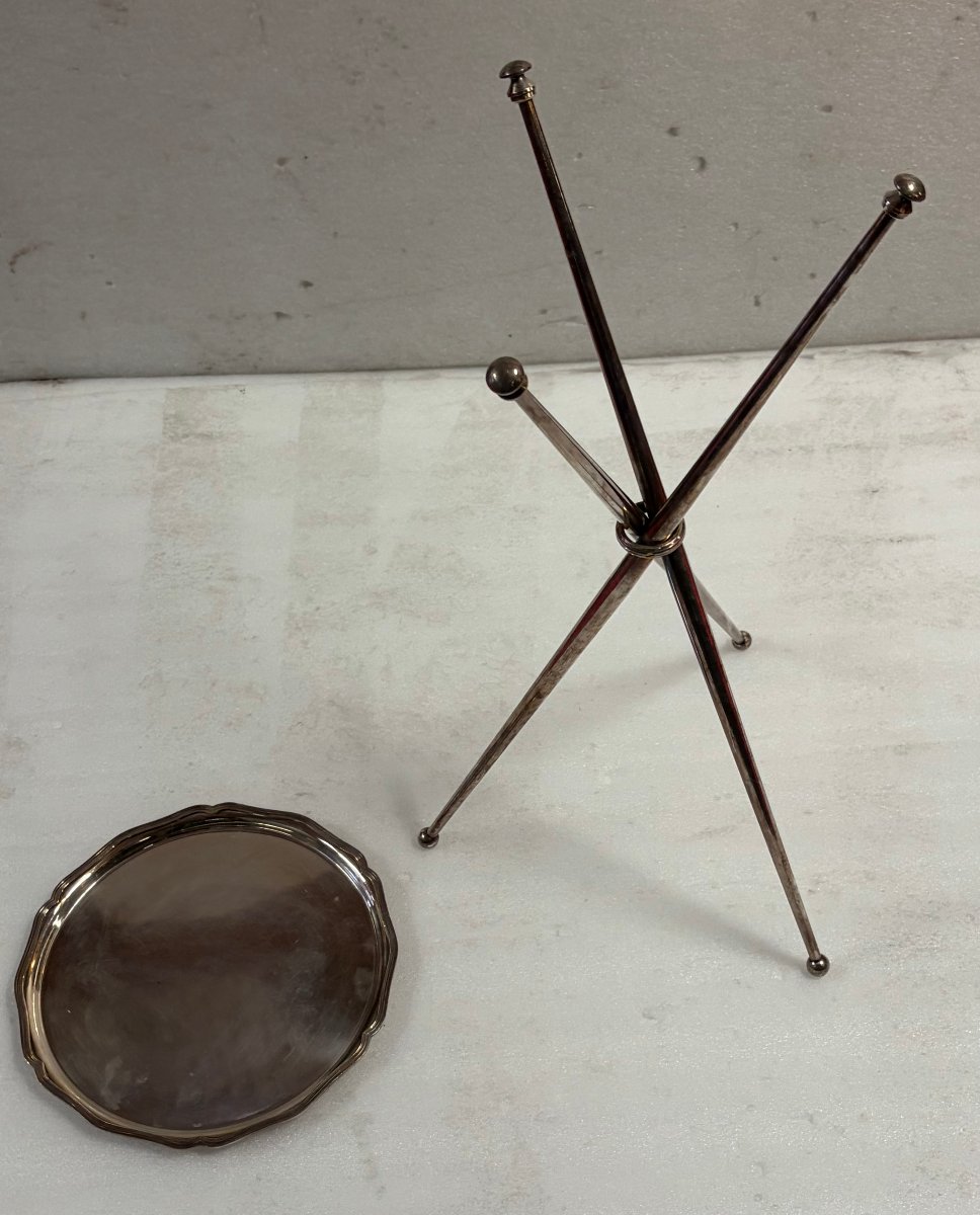 1950′ Paire De Guéridons De Voyage Tripode Bronze Argenté Maison Jansen ø 26 cm H 55 cm-photo-3