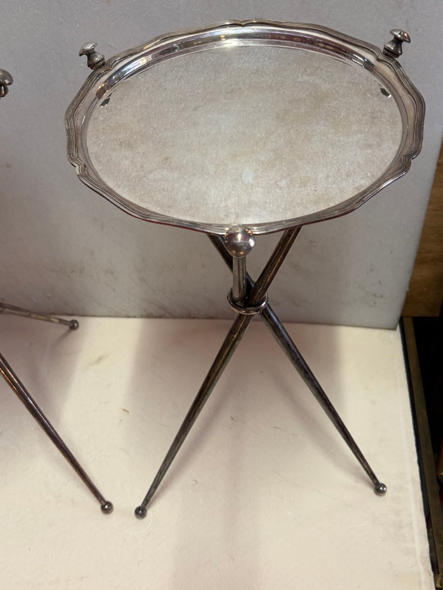 1950′ Paire De Guéridons De Voyage Tripode Bronze Argenté Maison Jansen ø 26 cm H 55 cm-photo-2
