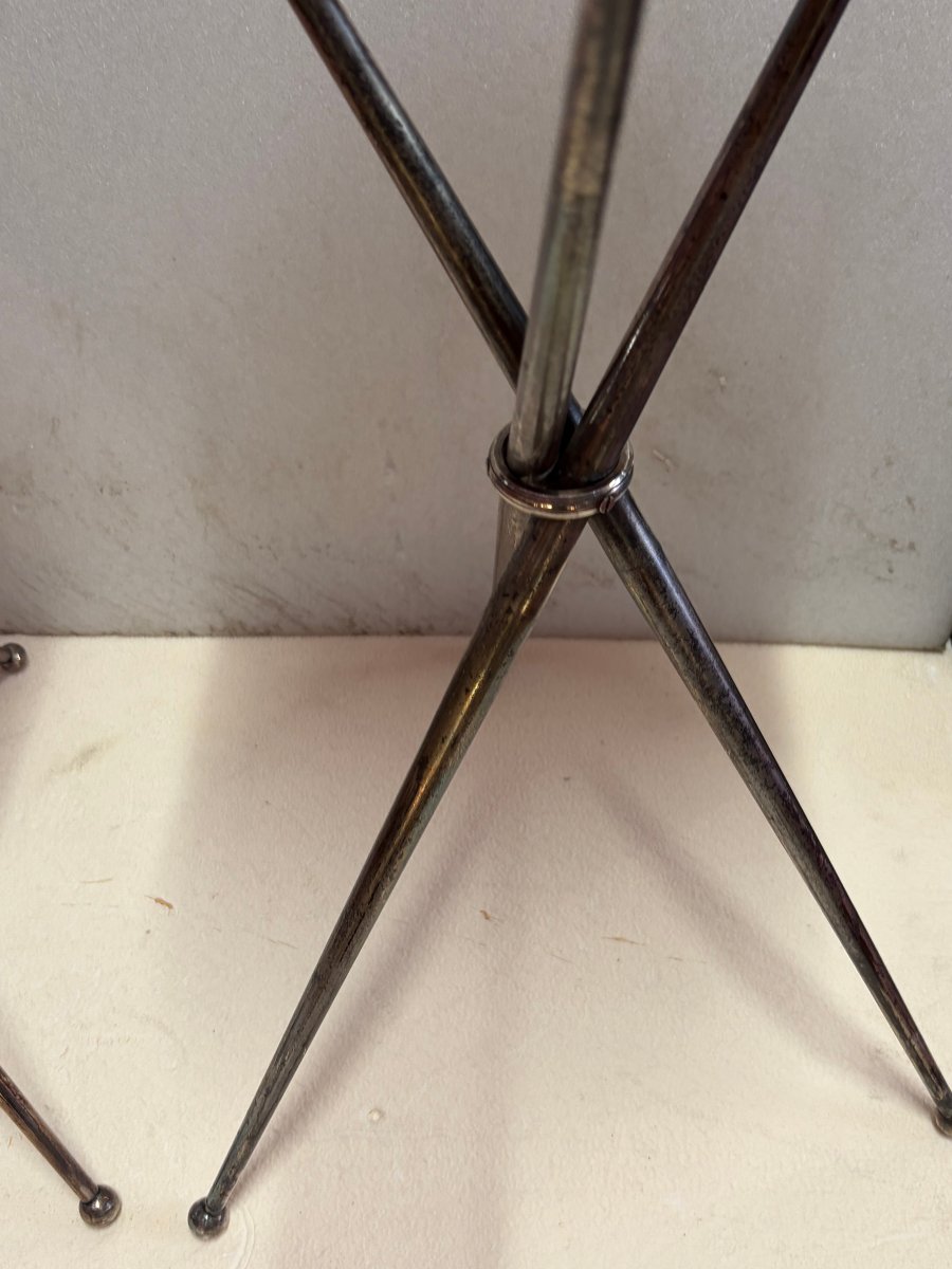 1950′ Paire De Guéridons De Voyage Tripode Bronze Argenté Maison Jansen ø 26 cm H 55 cm-photo-3