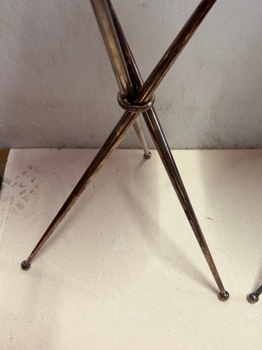 1950′ Paire De Guéridons De Voyage Tripode Bronze Argenté Maison Jansen ø 26 cm H 55 cm-photo-5