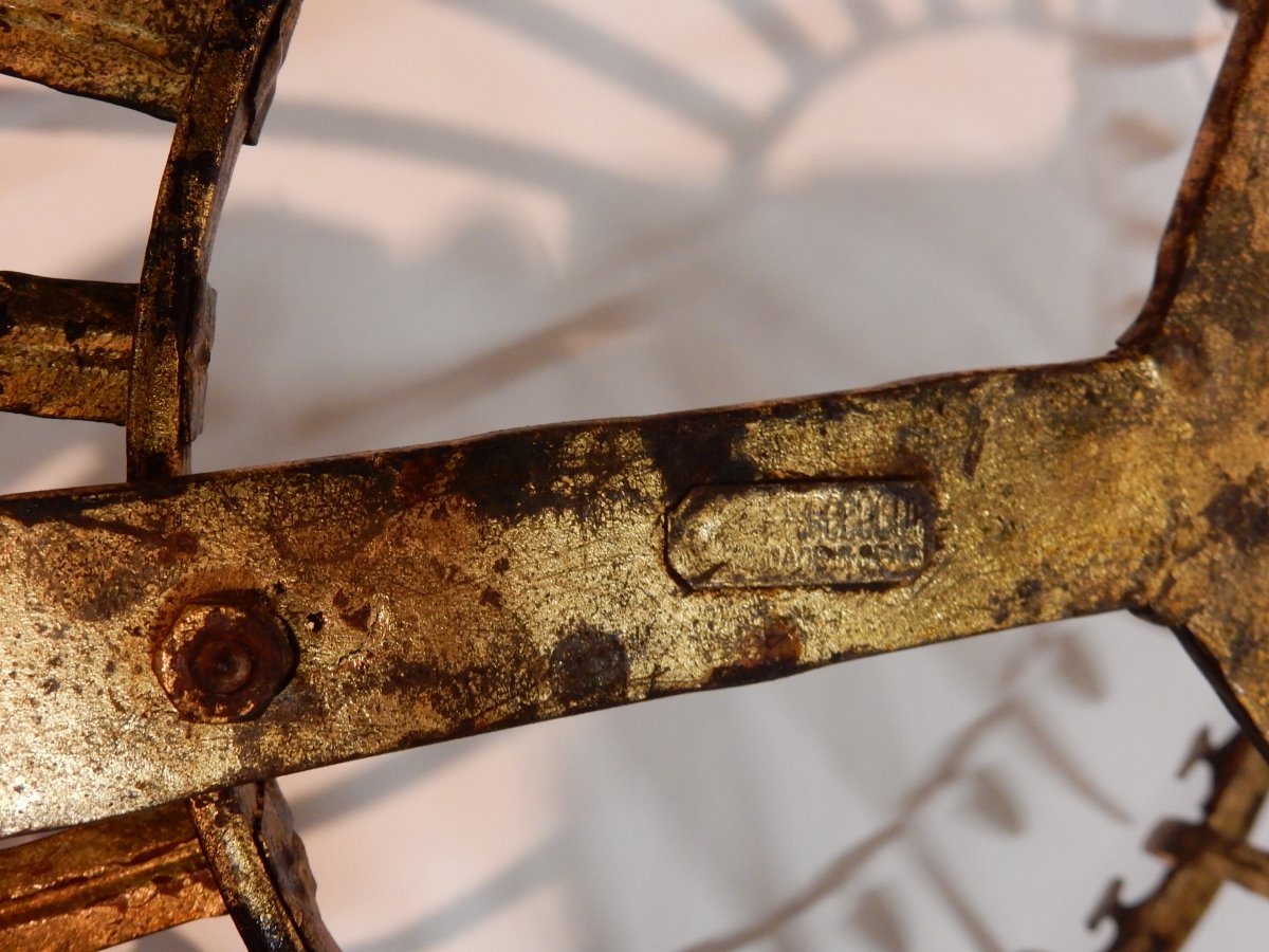 1950/70 'round Coffee Table In Golden Iron Feuilles D Or Decor Reed Leaves Diameter 74 Cm-photo-2