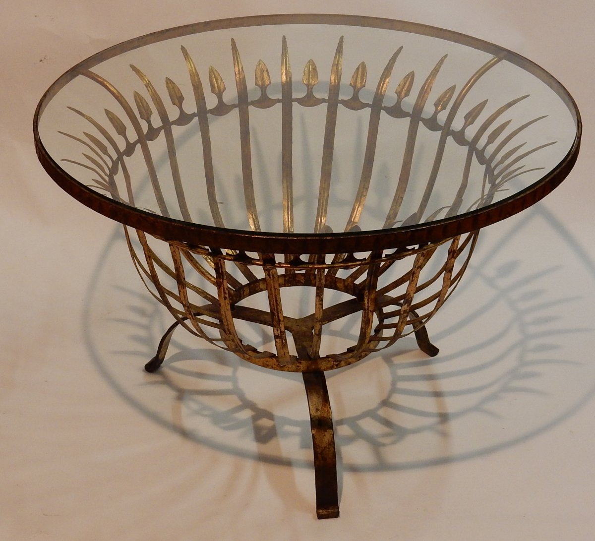 1950/70 'round Coffee Table In Golden Iron Feuilles D Or Decor Reed Leaves Diameter 74 Cm-photo-4