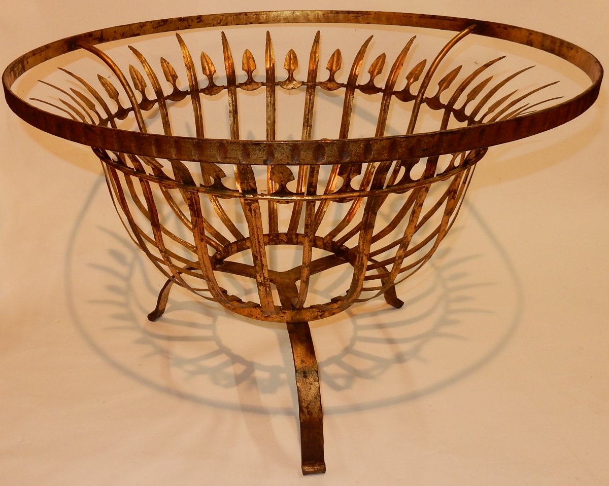 1950/70 'round Coffee Table In Golden Iron Feuilles D Or Decor Reed Leaves Diameter 74 Cm