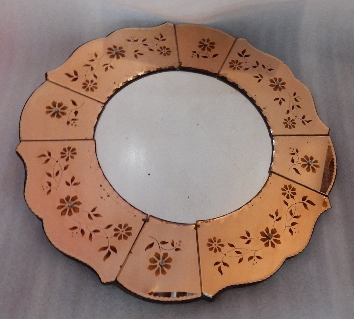 1970 ′ Copper Mirror With Eglomised Flower Decor-photo-2