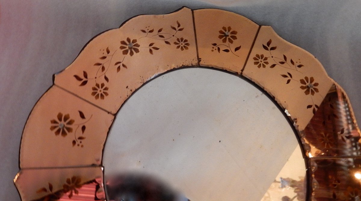 1970 ′ Copper Mirror With Eglomised Flower Decor-photo-3