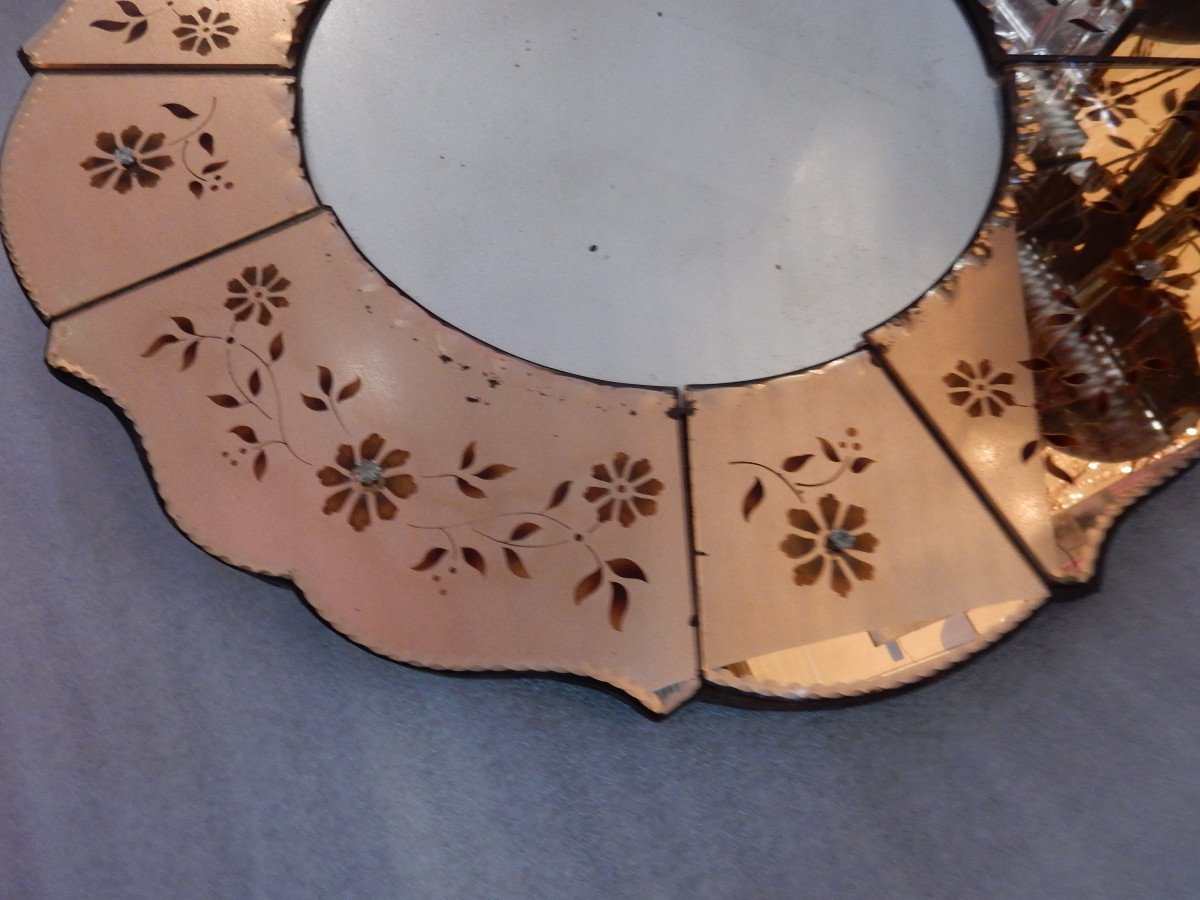 1970 ′ Copper Mirror With Eglomised Flower Decor-photo-1