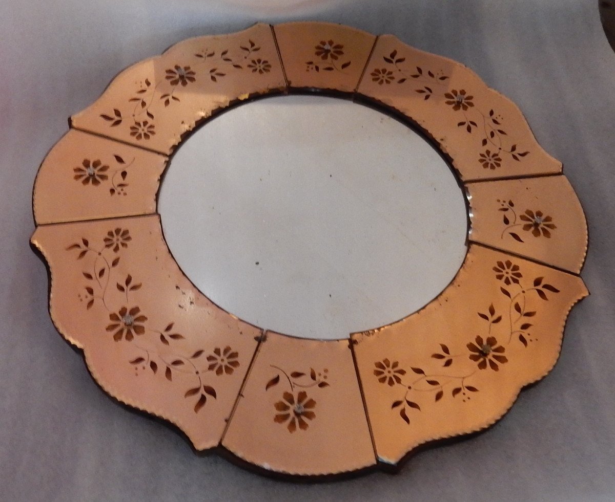 1970 ′ Copper Mirror With Eglomised Flower Decor-photo-4