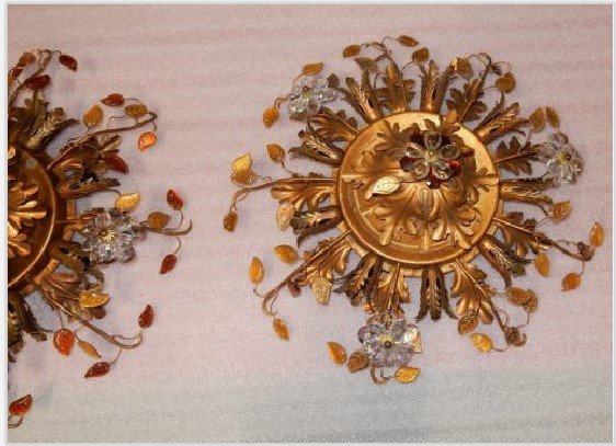 1970 ′ Pair Of Wall Lights Decorated With Flowers And Leaves In Gilded Metal And Glass Maison Baguès Or B-photo-2