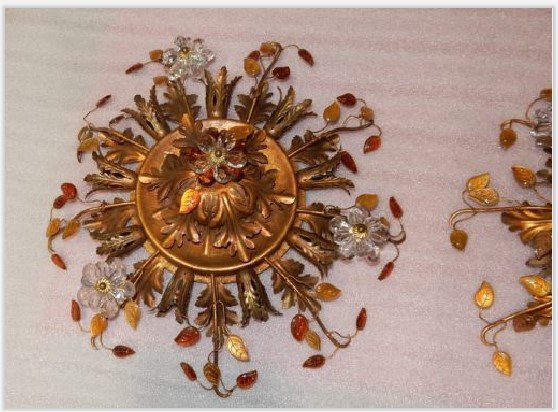 1970 ′ Pair Of Wall Lights Decorated With Flowers And Leaves In Gilded Metal And Glass Maison Baguès Or B-photo-3