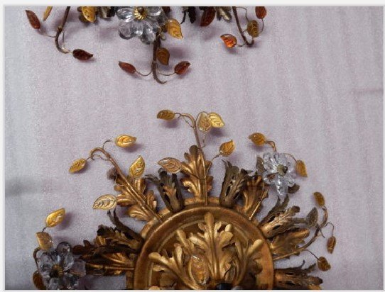 1970 ′ Pair Of Wall Lights Decorated With Flowers And Leaves In Gilded Metal And Glass Maison Baguès Or B-photo-1