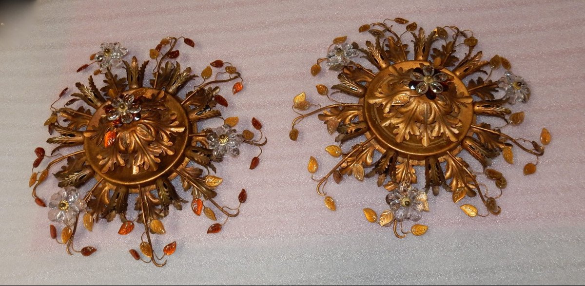 1970 ′ Pair Of Wall Lights Decorated With Flowers And Leaves In Gilded Metal And Glass Maison Baguès Or B-photo-3