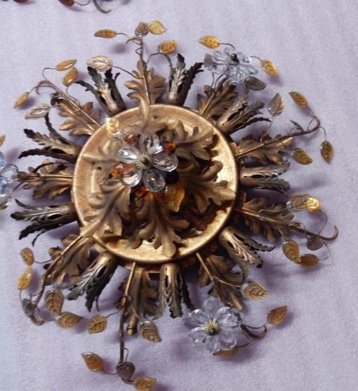 1970 ′ Pair Of Wall Lights Decorated With Flowers And Leaves In Gilded Metal And Glass Maison Baguès Or B-photo-4