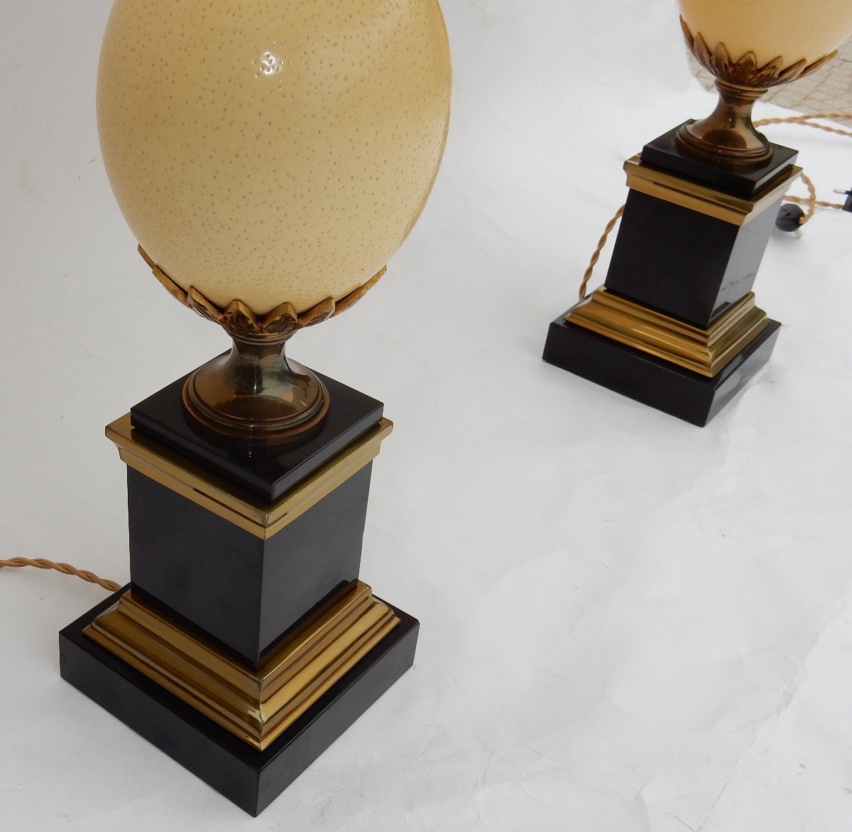 1950/70 Pair Of Lamps In Black Marble And Ostrich Egg Maison Jansen-photo-3