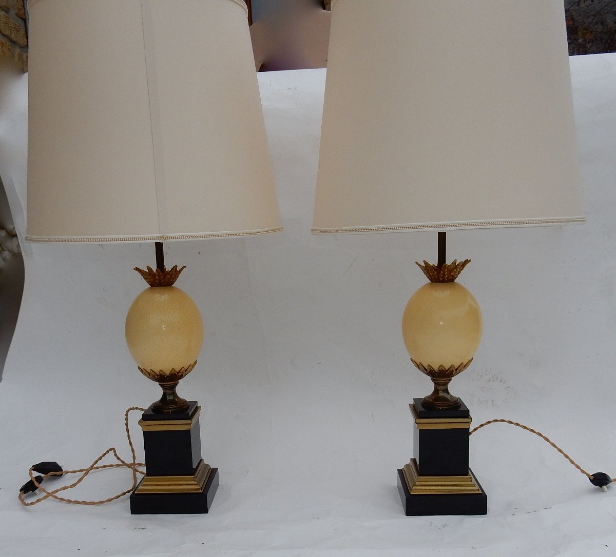 1950/70 Pair Of Lamps In Black Marble And Ostrich Egg Maison Jansen