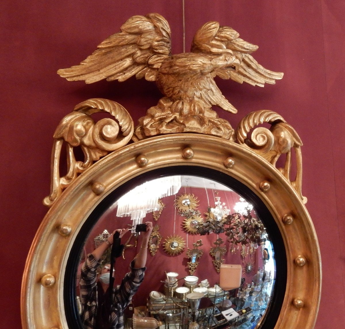 1880/1900 ′ Convex Mirror With Eagle, Golden Wood H 103 Cm-photo-3