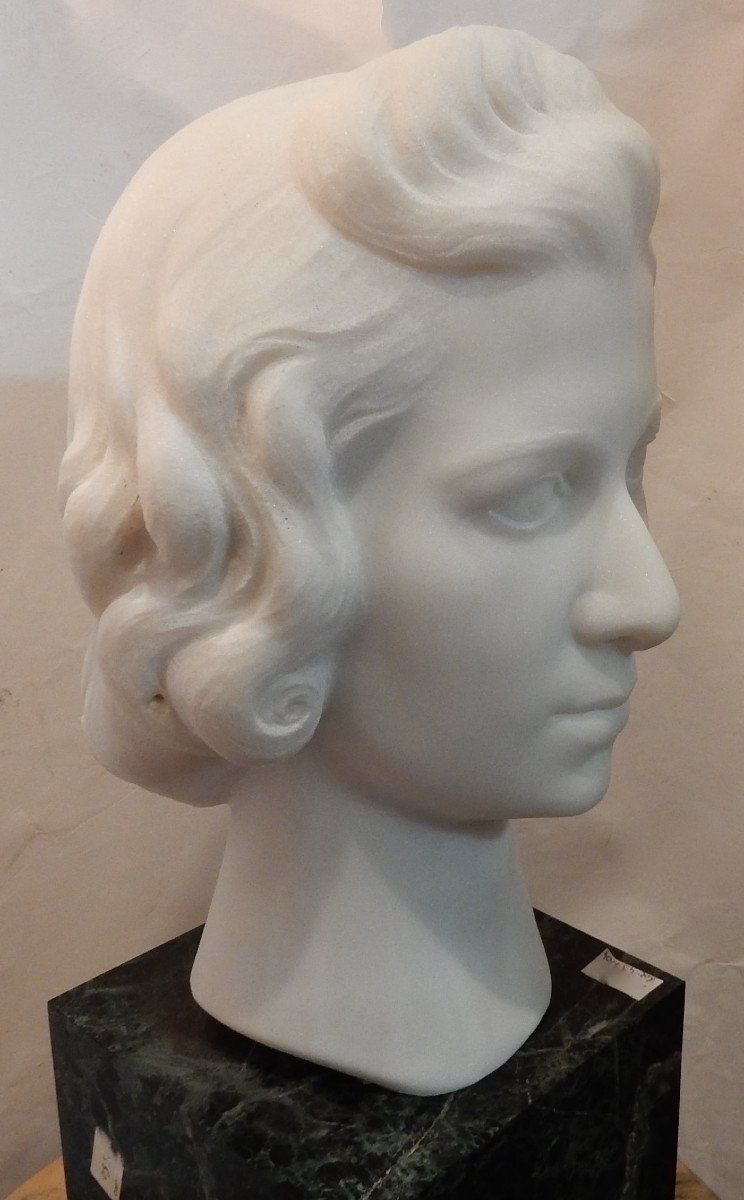 1930 'art Deco Head Of A Woman In Marble Signed By M. Di Domenico-photo-1