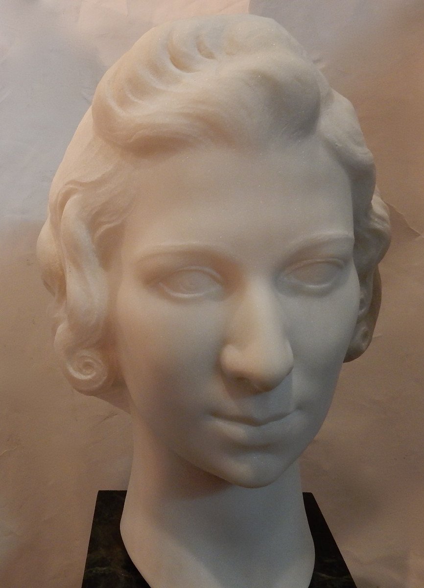 1930 'art Deco Head Of A Woman In Marble Signed By M. Di Domenico-photo-2
