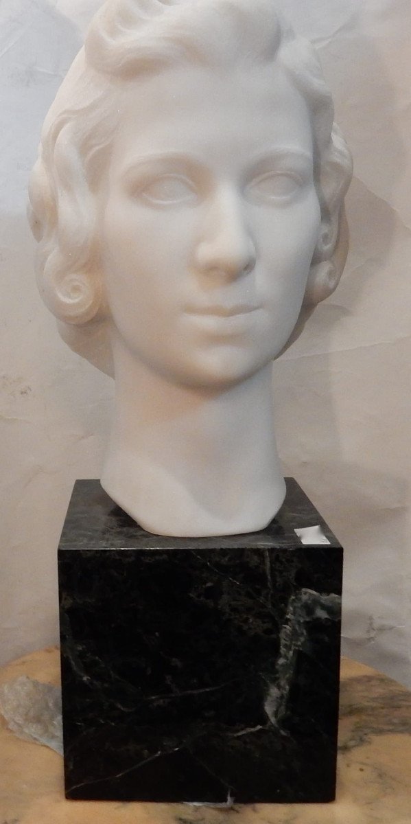 1930 'art Deco Head Of A Woman In Marble Signed By M. Di Domenico