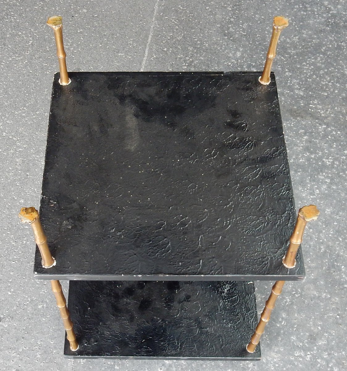 1950′ Table Maison Baguès Décor Bambou En Bronze Doré Avec Plateaux Laque De Chine 40x 0 X H59-photo-6