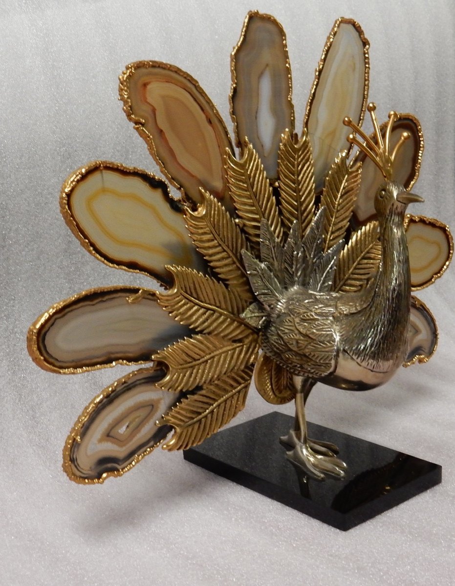 1970 ′ Peacock In Gilt Bronze Making The Wheel Adorned With 9 Agates Dlg Duval Brasseur Or Isabelle Faure
