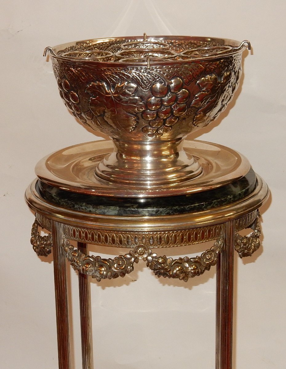 1900 'cooler Or Champagne Bucket Monumental Silver Metal With Fruit Decor