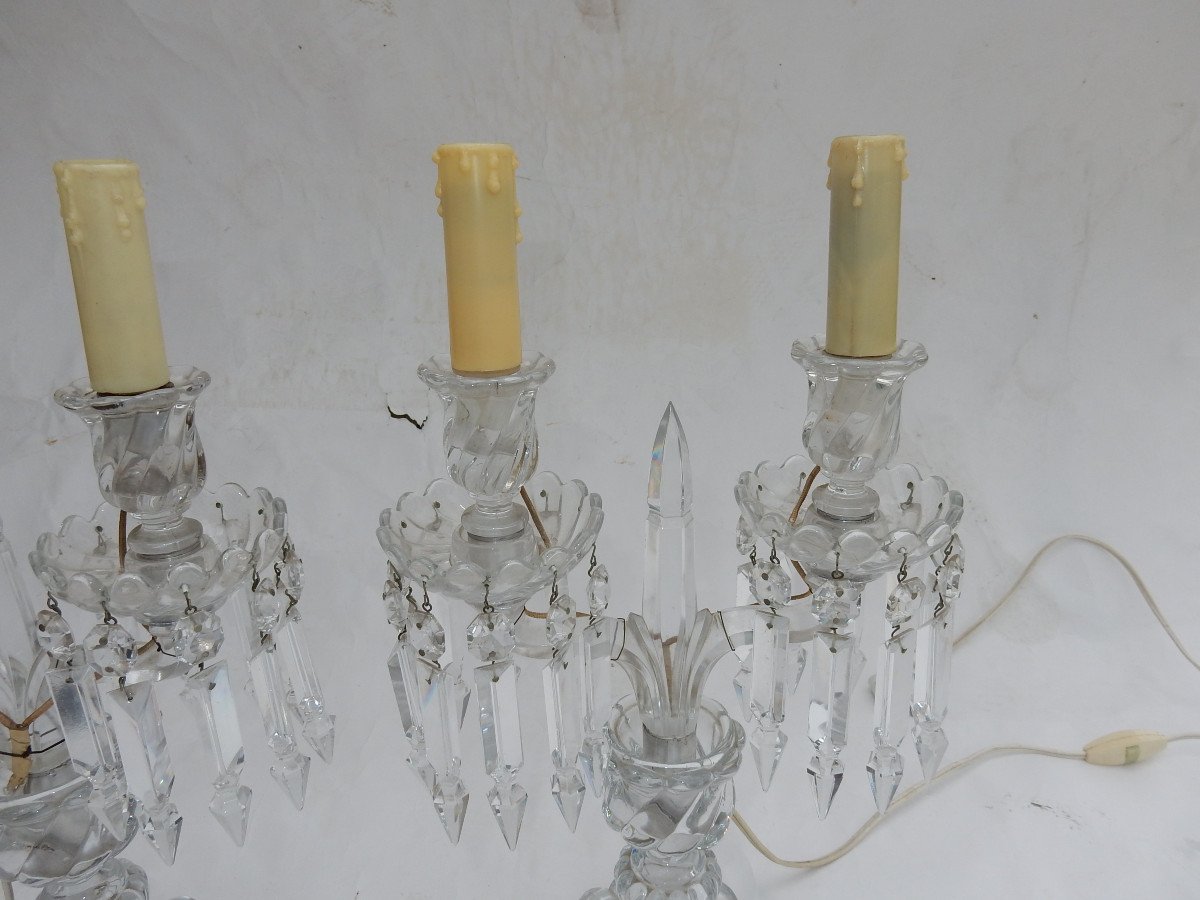 1950 ′ Pair Of Electrified Baccarat Candlesticks Tors Model, Signed Baccarat Stamp-photo-1