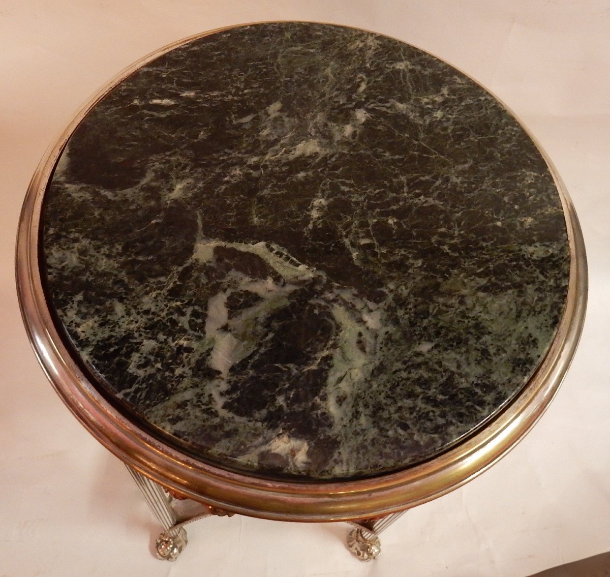1900 'pedestal Table In Silver Metal - Green Marble - Diameter 51 Cm-photo-1