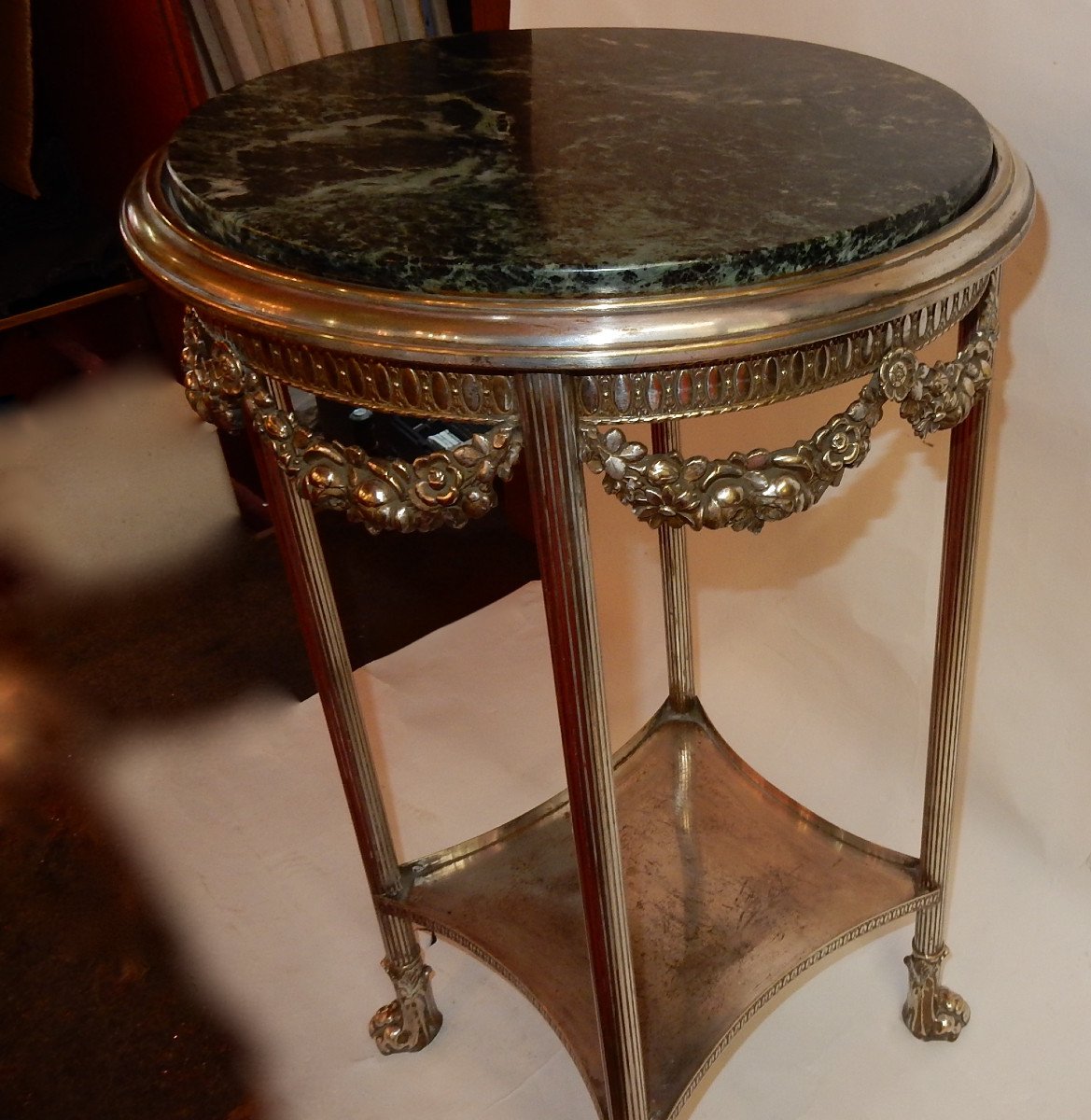 1900 'pedestal Table In Silver Metal - Green Marble - Diameter 51 Cm-photo-6