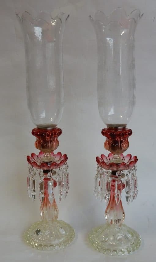 1950/70 Paire De Bougeoirs En Cristal Opalescent Et Rouge Photophores Baccarat Signés-photo-2